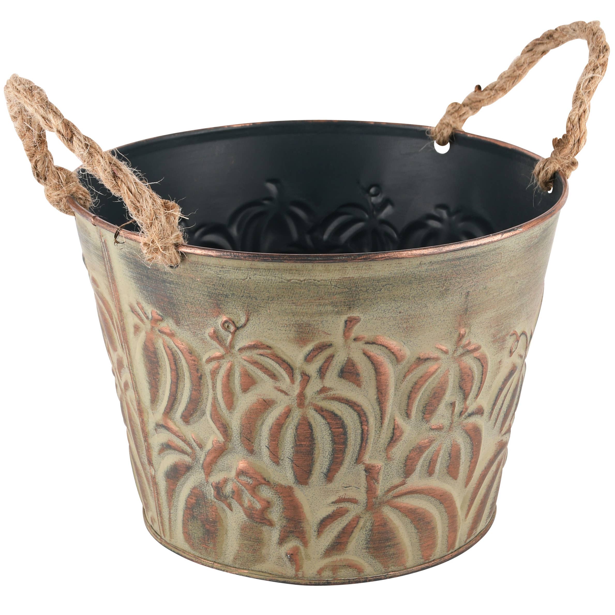 Dekoratief – Engroshandel Plantekrukke – Rund blomsterpotte i metal med græskar, grøn, 18x13x13 cm0