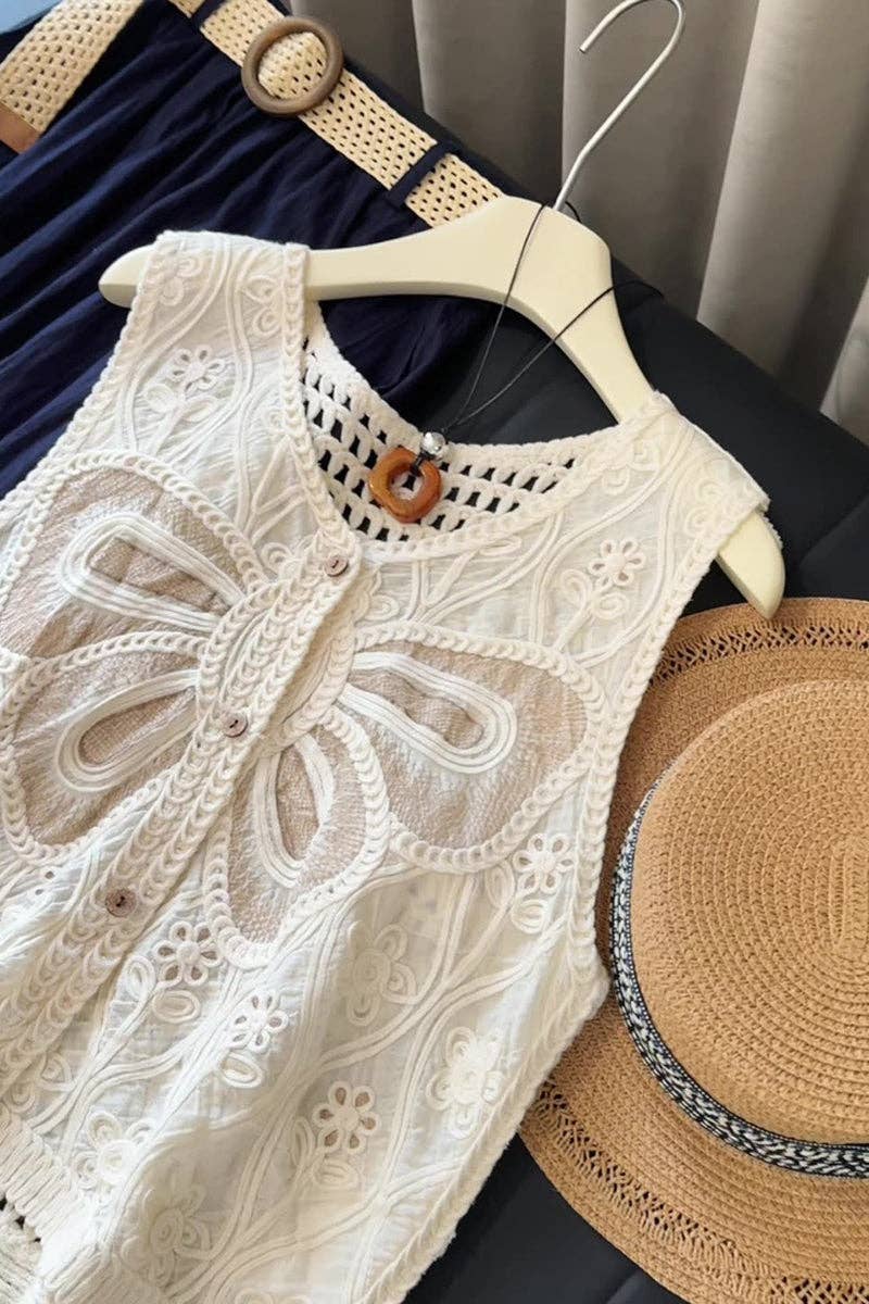 BEIGE Knäppt spetslinne med virkade detaljer för wholesale på Faire2