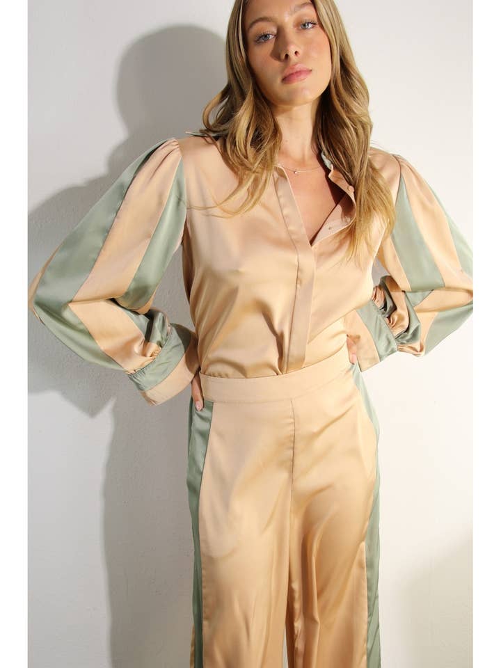 SATIN COLOR BLOCK BLOUSE AND PANTS SET for wholesale by Mulla