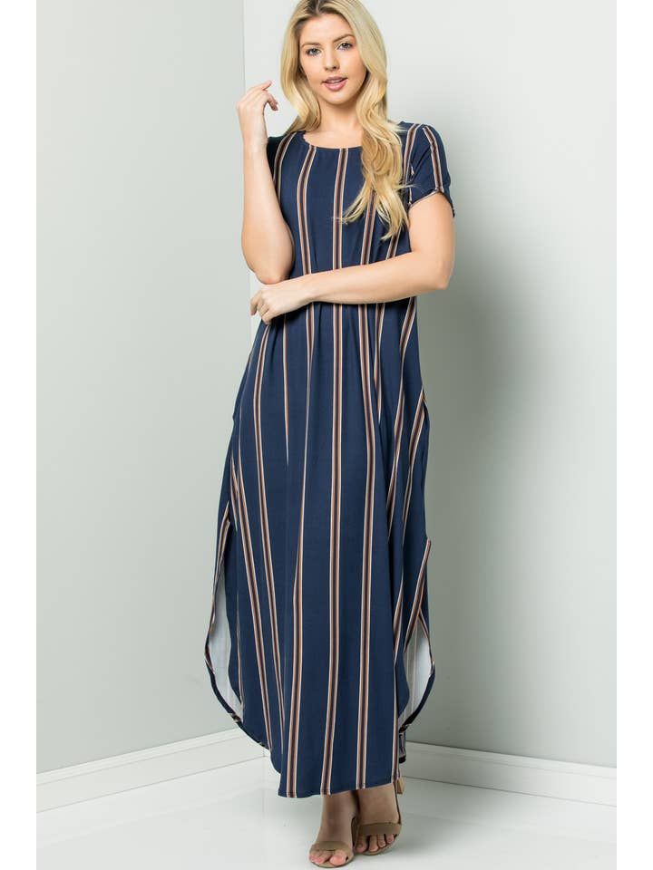 NAVY D02308 Striped Round Neck Maxi Dress with Side Pockets for wholesale on Faire2