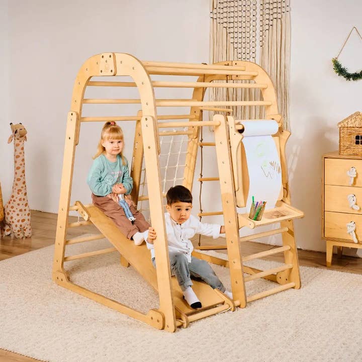 Goodevas - Vente Jouet en bois – enfant - Aire de jeux intérieure pour enfants - Aire de jeux 7 en 1 + Ensemble de balançoires + Toboggan + Ensemble d'art5