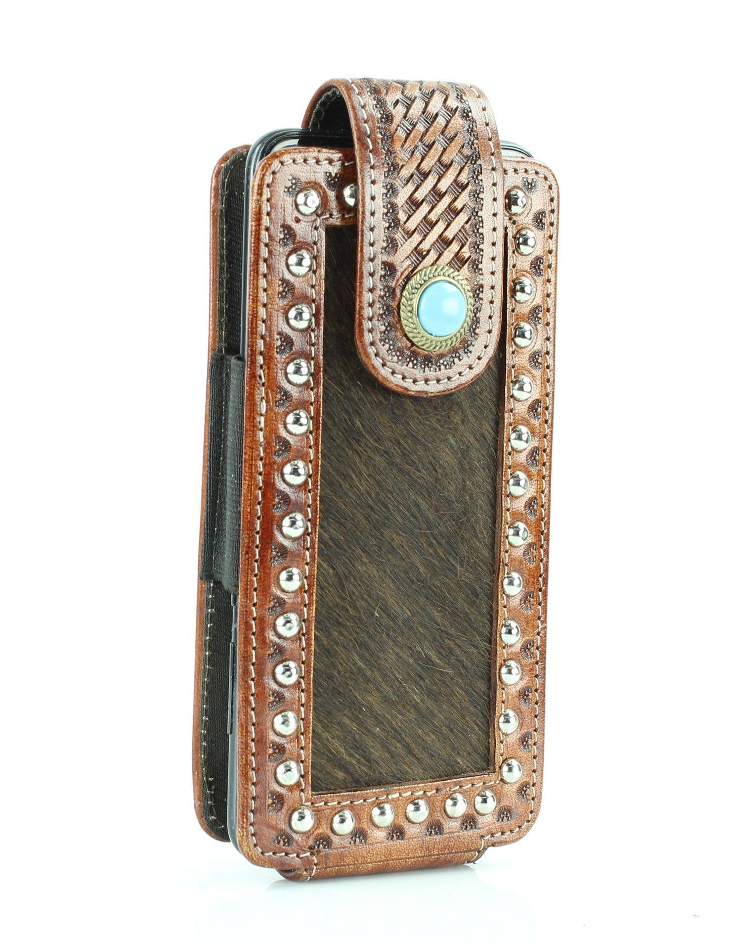 Leather Impressions Inc – wholesale Telefonfodral - Unisex – Telefonfodral med hår på gömt bälte med turkos klaff över stängning7