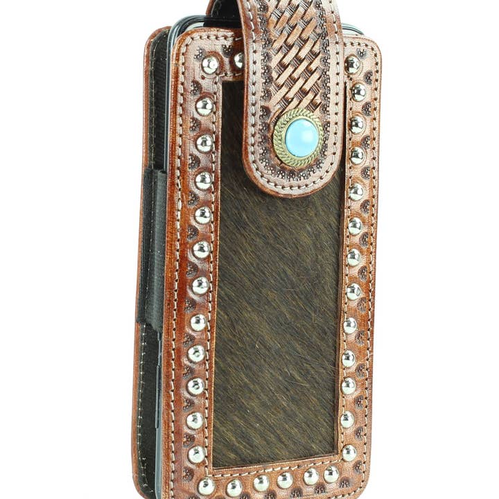 Leather Impressions Inc – wholesale Telefonfodral - Unisex – Telefonfodral med hår på gömt bälte med turkos klaff över stängning7