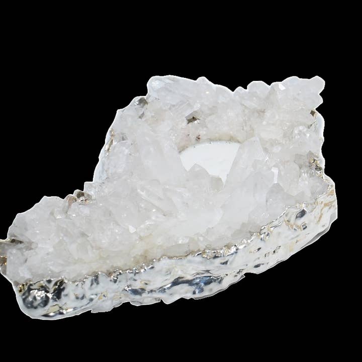 Quartz Cluster Candle Holder with Silver Trim for wholesale by Olympus Minerals Co