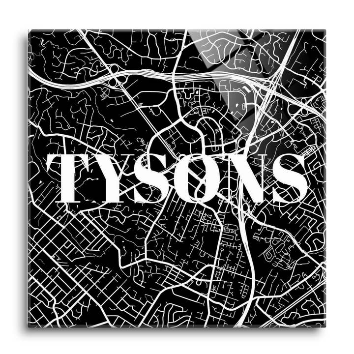 Minimalistic B&W Virginia Tysons Map|12x12 Glass Plaque for wholesale by Love Local