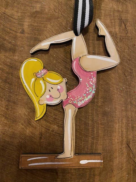 Cute Gymnast girl hand painted ornament for wholesale by Pink Fish Studios, LLC.