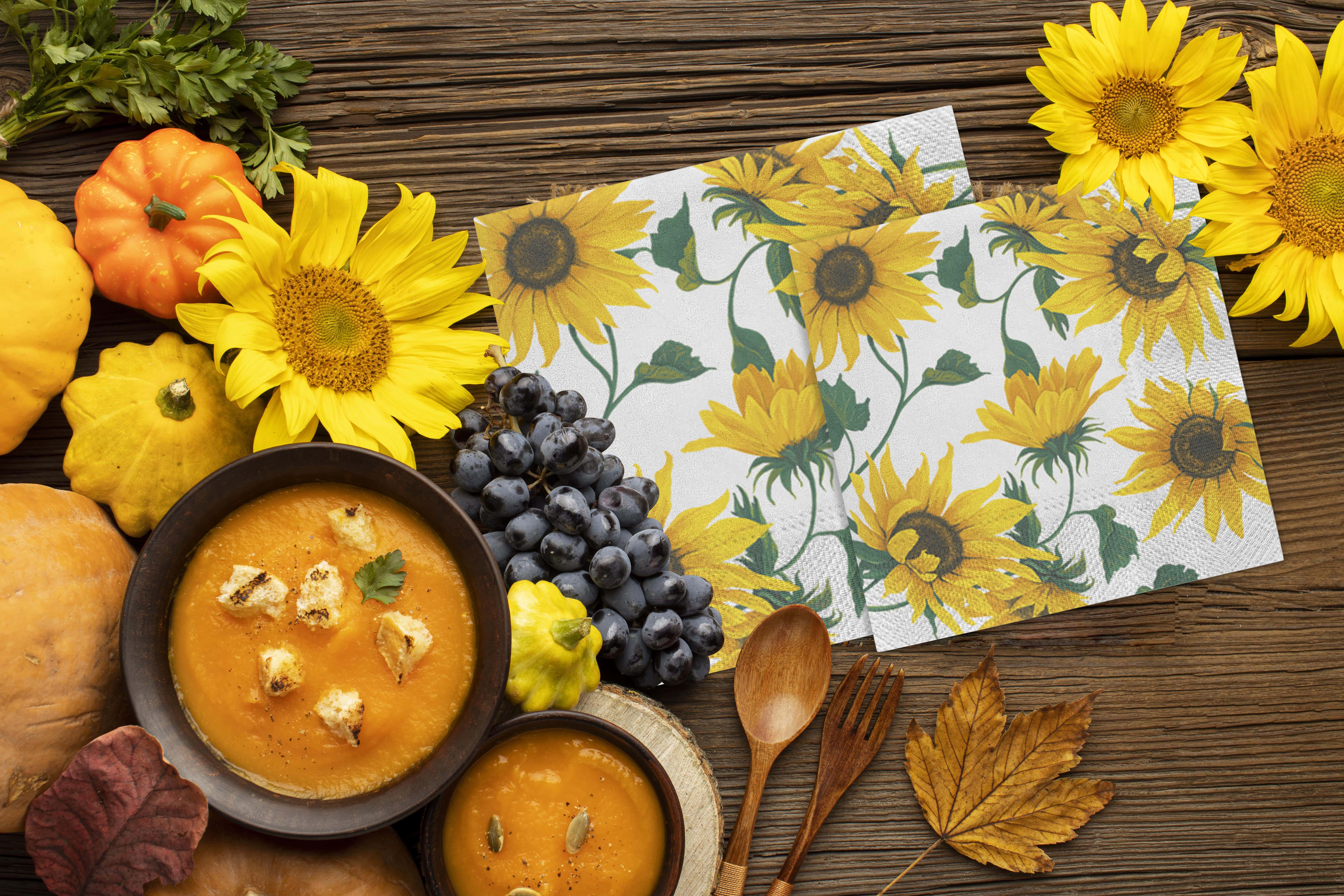 European Excellency – Guardanapo descartável por atacado – Girassóis em guardanapos de papel de coquetel branco4