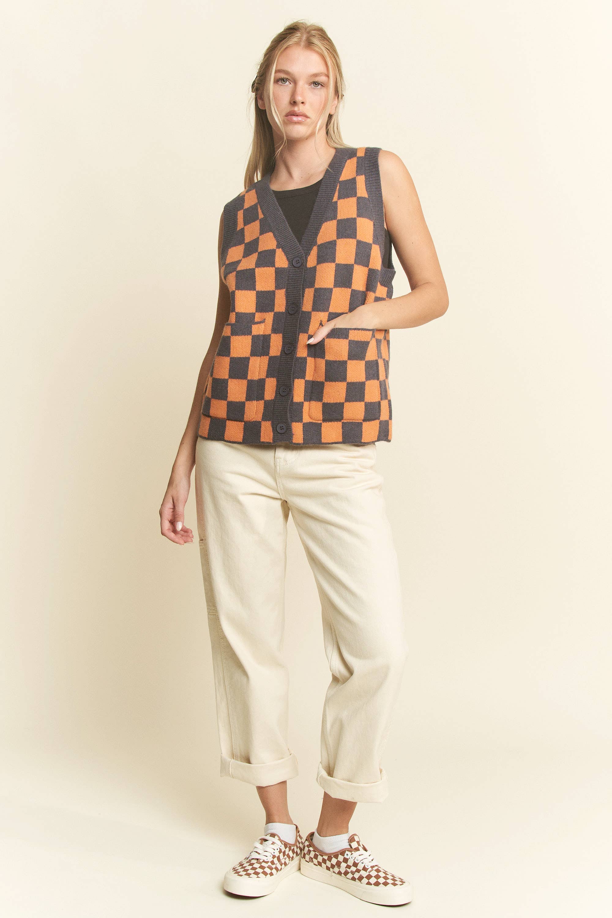 JADE BY JANE – Colete - Mulher por atacado – COLETE XADREZ SEM MANGAS COM DECOTE EM V14