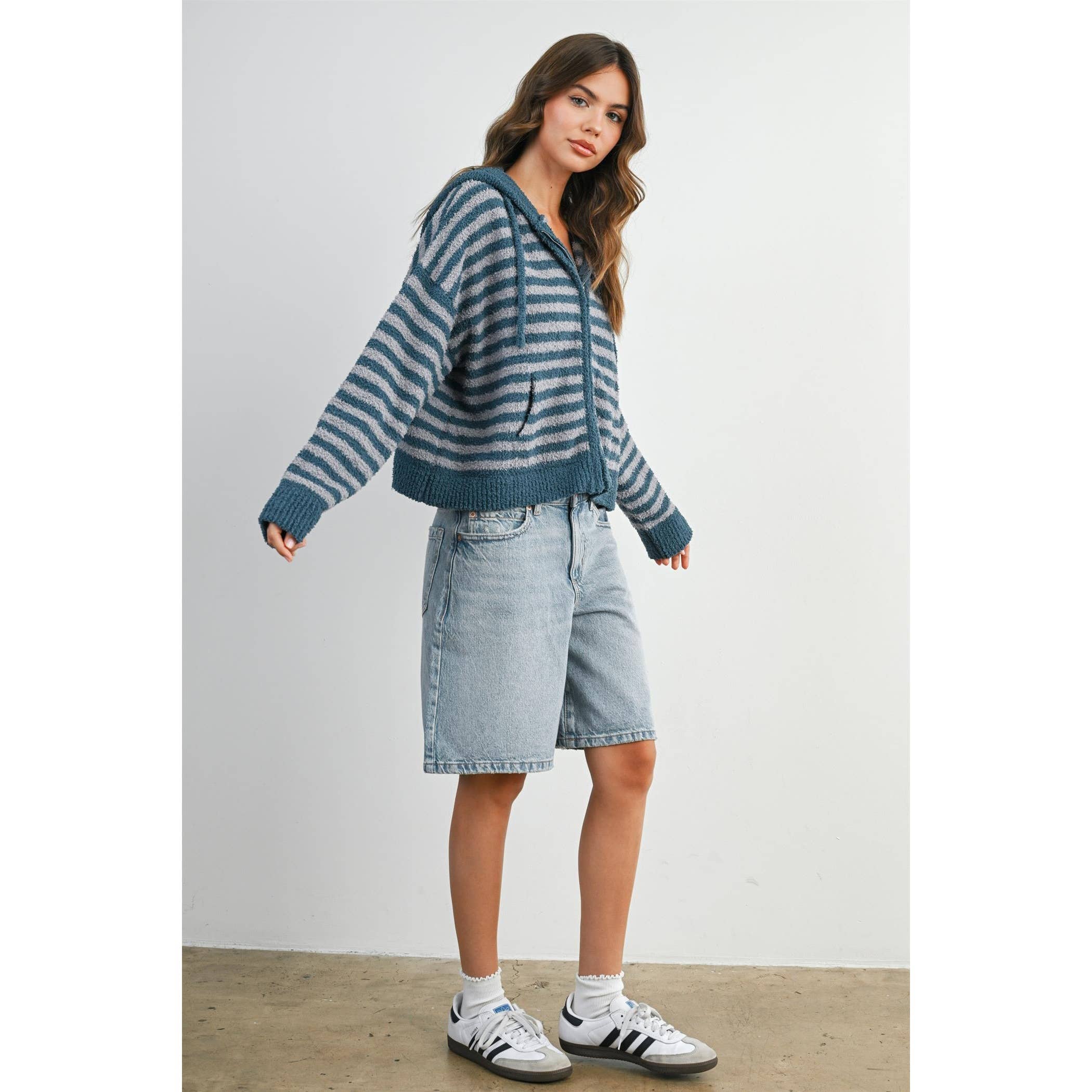 BUTTERMELON - Wholesale Knit Sweater - Women's - Striped Zip-Up Hooded Cardigan - BMC80971