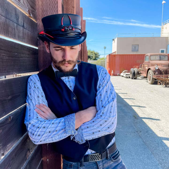 Black Genuine Leather Top Hat - Style Marlow Lil Evil Hat Band for wholesale on Faire1