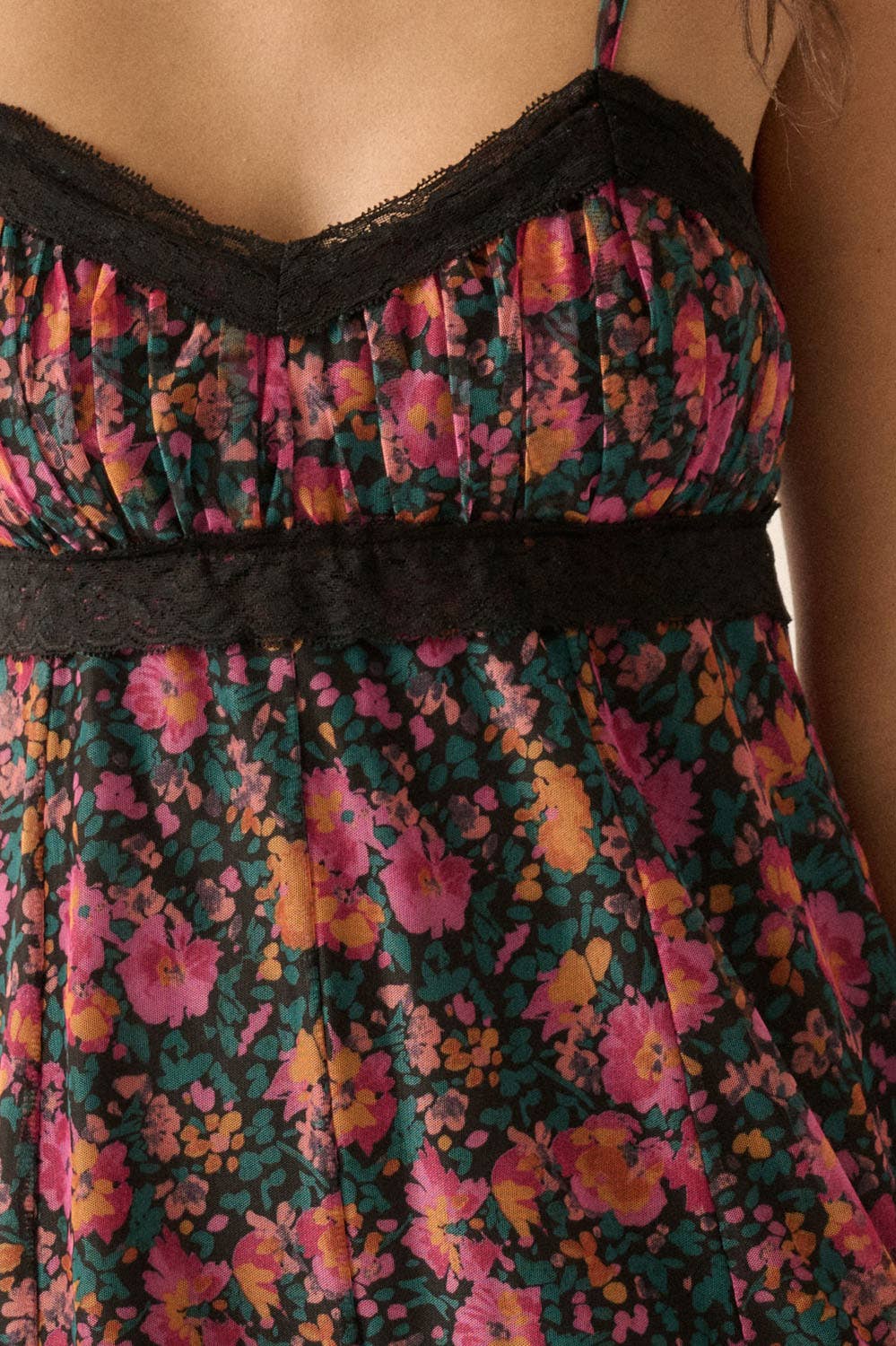 Black Floral Mesh Sweetheart-Neck Wide-Leg Romper for wholesale on Faire1