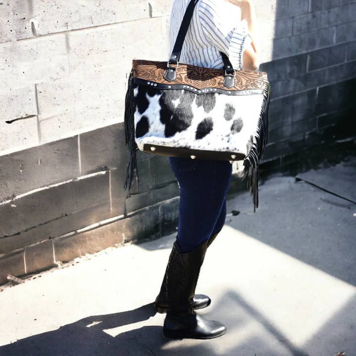 Rodeo - Wholesale Tote Bag - Women's - Hair on genius leather cowhide tote bag with fringes4