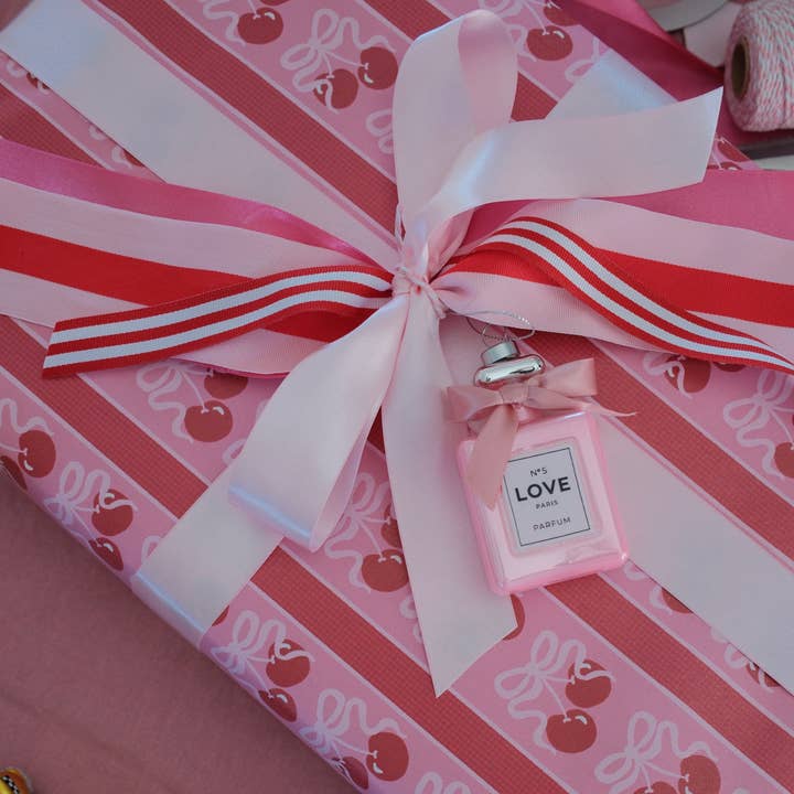 Pink Cherry Gingham Stripe Wrapping Paper Roll for wholesale by Vivie and Ash