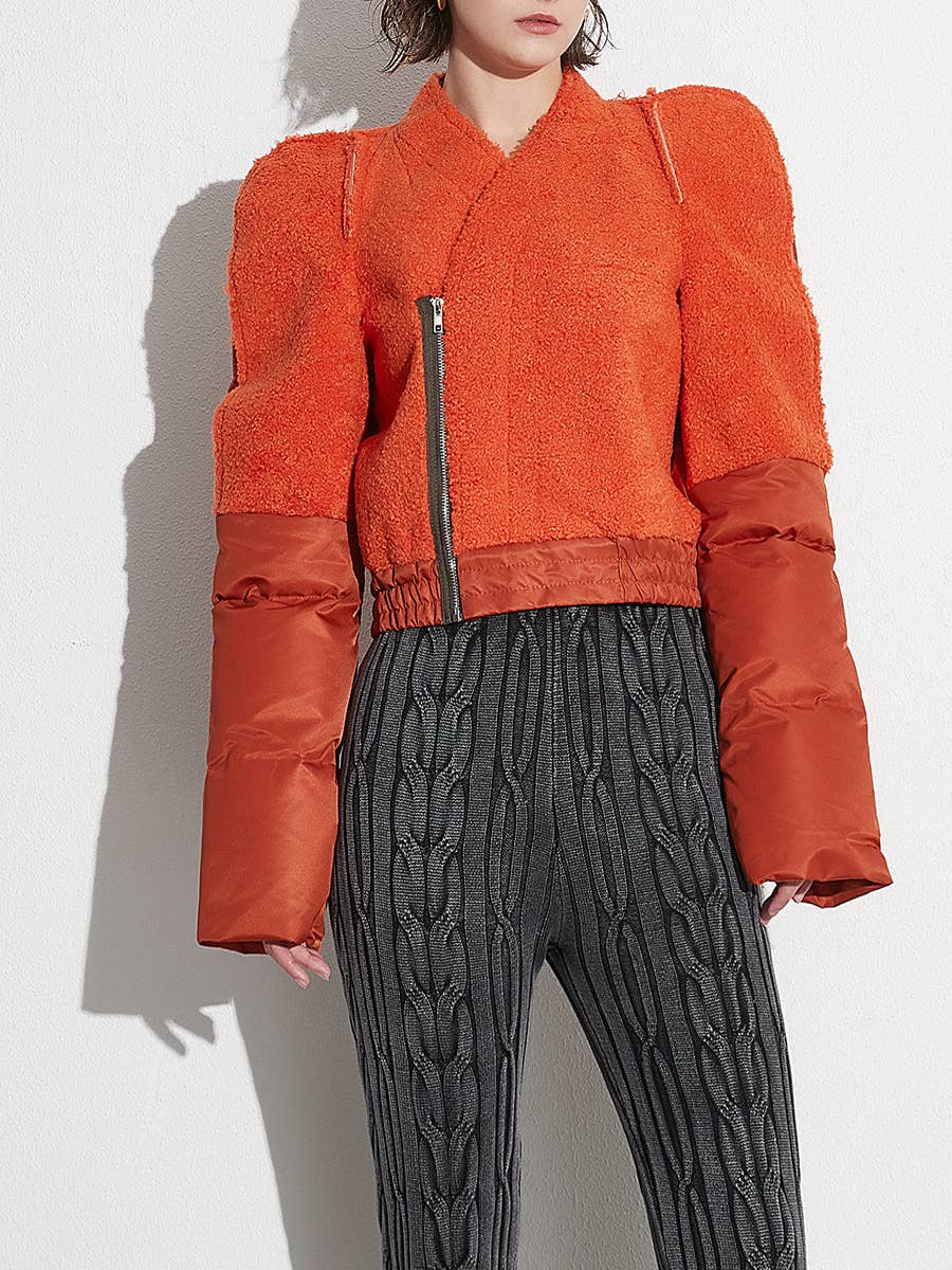 Alaranjado Jaqueta Puffer com Pelúcia e Ombreiras Feminina JK004 para venda a revendedores na Faire10