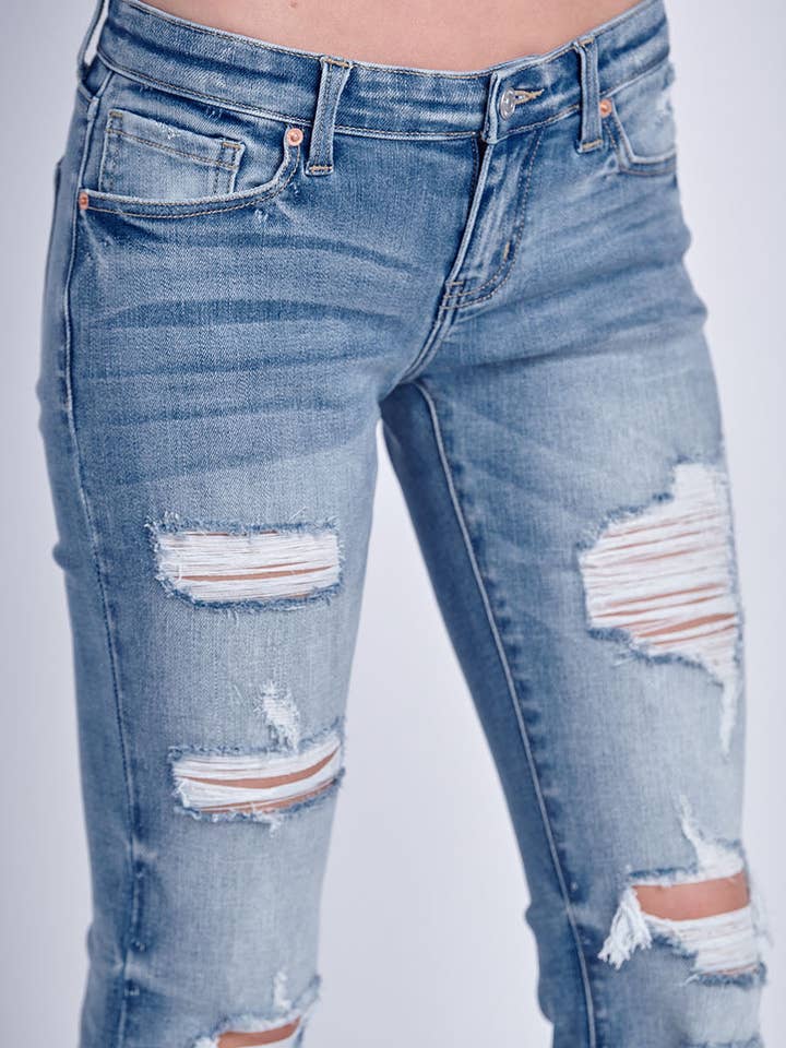 ARTEMIS VINTAGE - Wholesale Jeans - Women's - LOW RISE STRETCH DISTRESSED BOOTCUT WITH FRAYED HEM JEANS