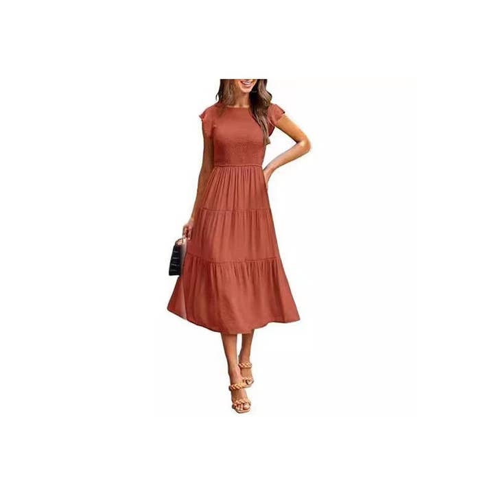 Sheer Trend - Wholesale Dress - Women's - Floral Pleated Layered Short Sleeve Midi Dress