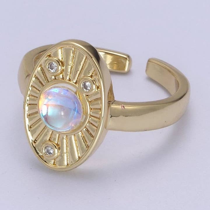 Anel Radiante de Opala Branca, Anel Oval Ajustável com Zircónia Cristal Transparente CZ, Anel de Declaração Revestido a Ouro 24K U-460 por atacado de Aim Eternal