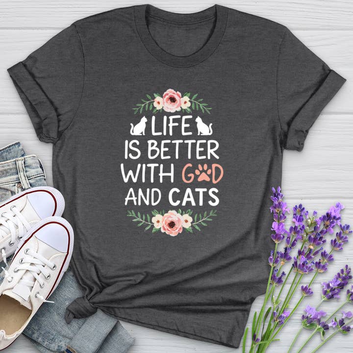 Life is Better with God & Cats Floral Softstyle Tee for wholesale by Christian Lifestyle Collections