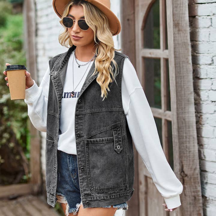 Sweetkama - Wholesale Outerwear Vest - Women's - Ladies Lapel Pockets Denim Daily Jacket Vest MN2111
