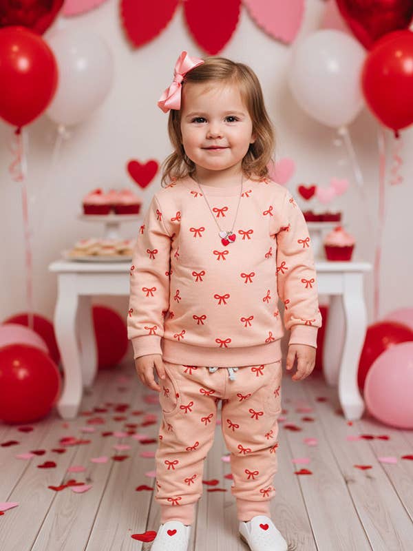 Red bow knitted long sleeve sweatshirt 2pc girls set 251255M for wholesale by luluclothes