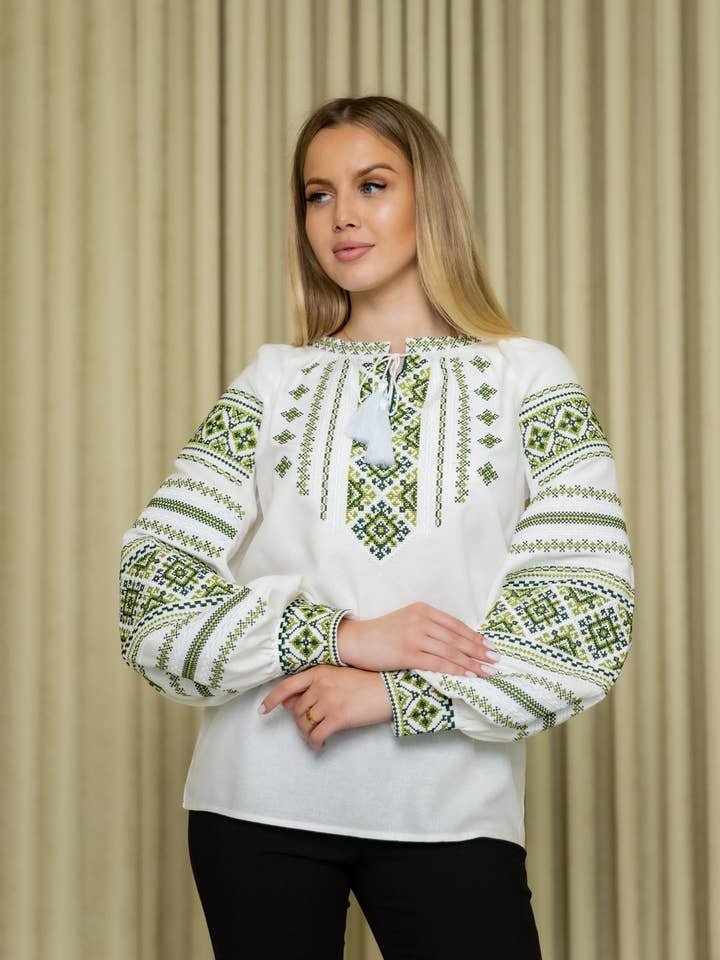 Boho Women Embroidered Blouse Oksana White & Green for wholesale by Galychanka