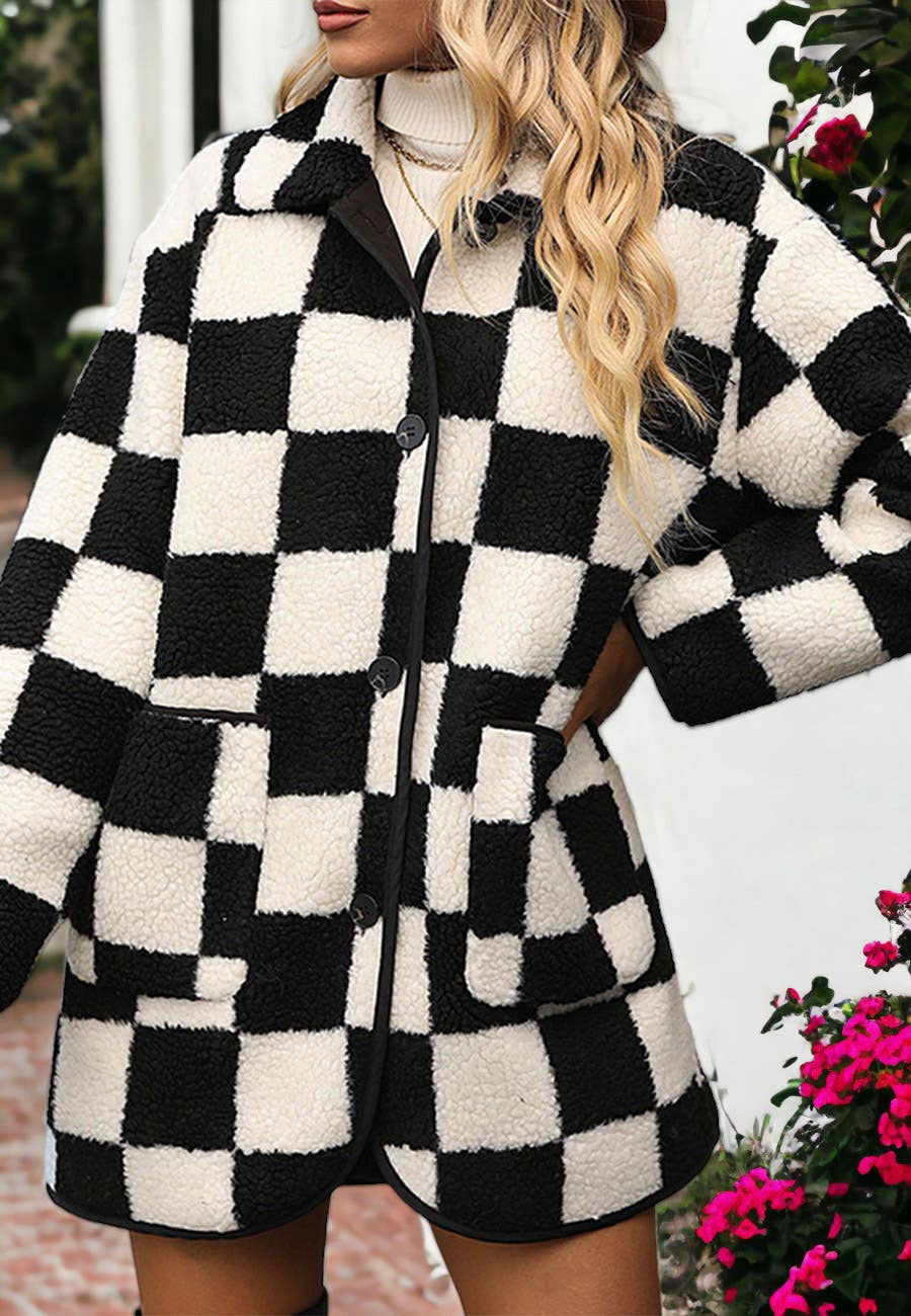 Black Fuzzy Plaid Pattern Button Down Coat for wholesale on Faire2