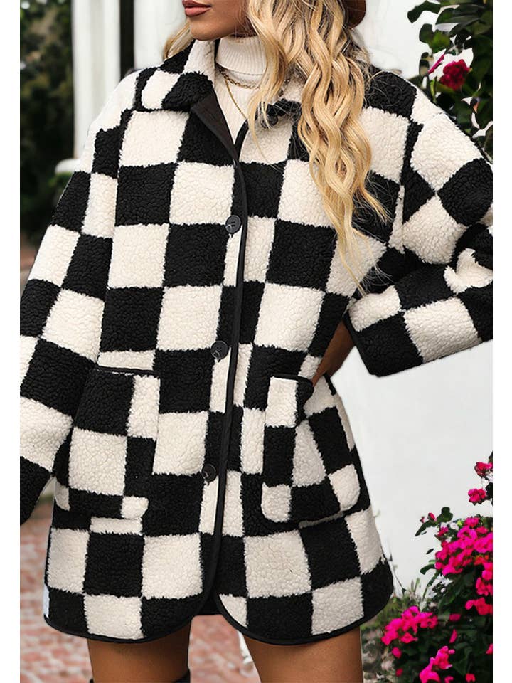 Black Fuzzy Plaid Pattern Button Down Coat for wholesale on Faire2