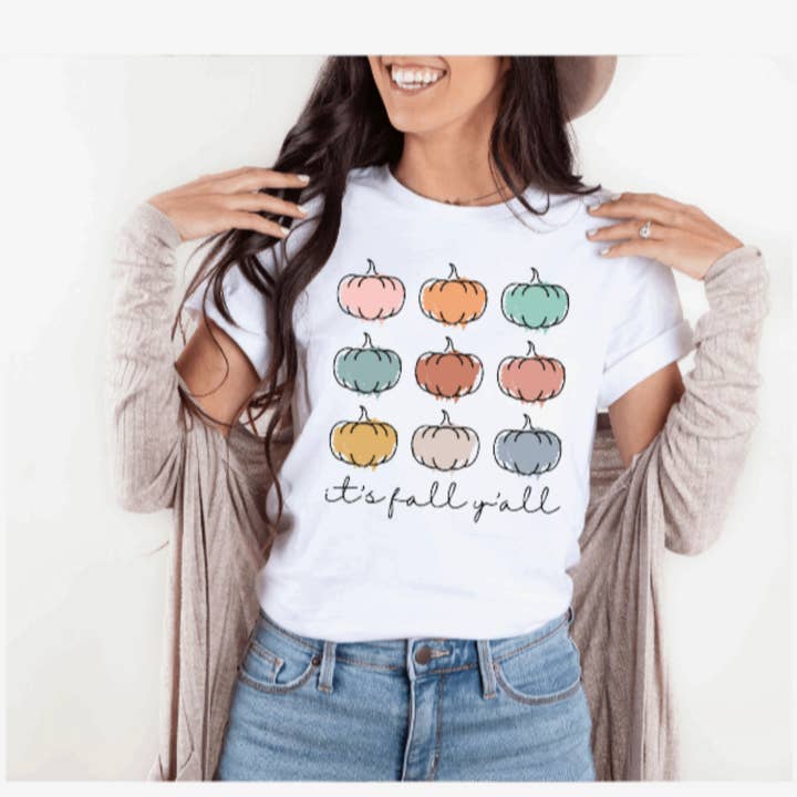 Multi Color Pumpkin It's Fall Graphic T-shirt for wholesale by KMR and Company