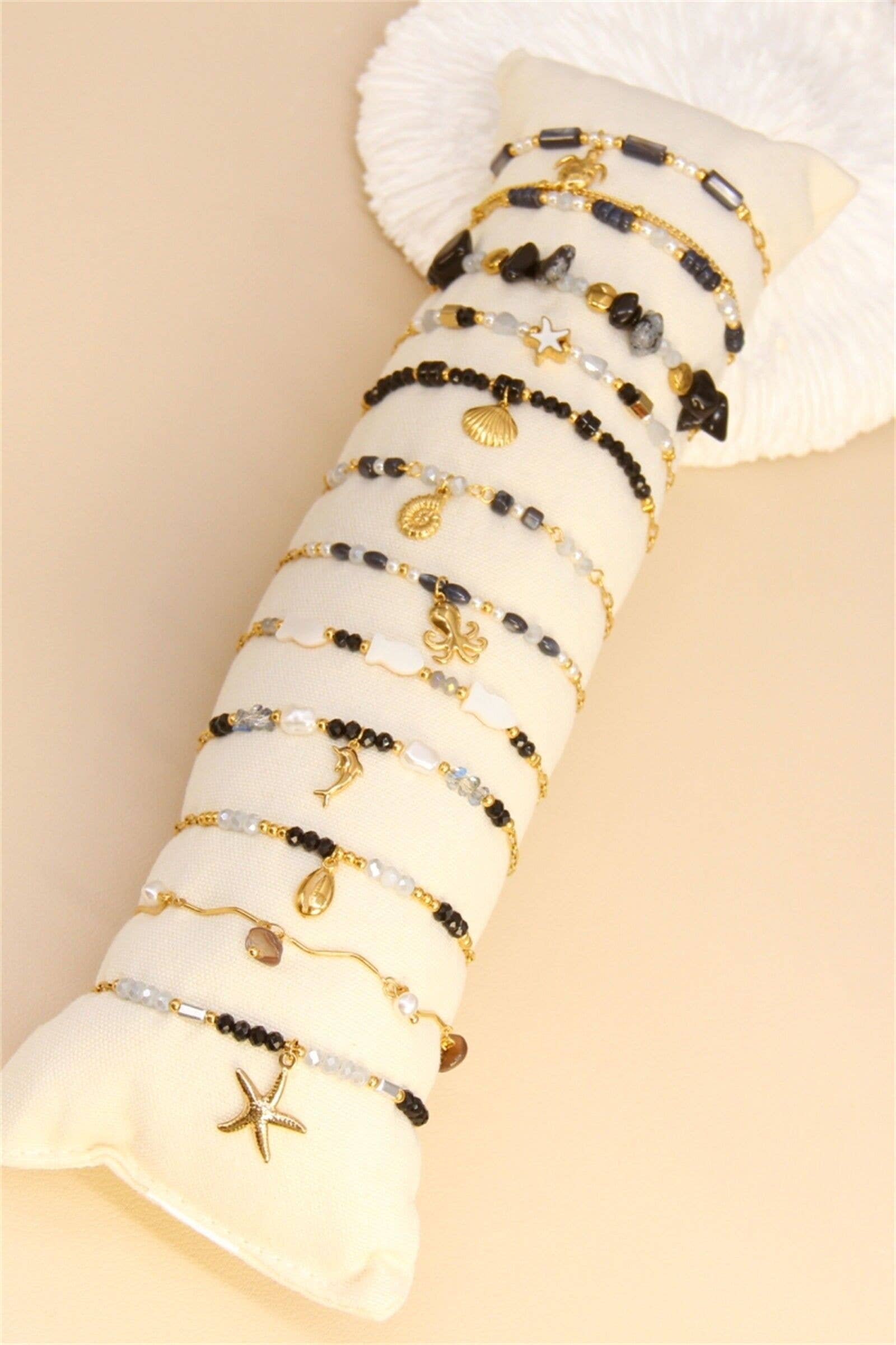 BELLISSIMA BIJOUX - Wholesale Jewelry Set - Set of 12 Black and Gold Steel Bracelets with Display Stand1