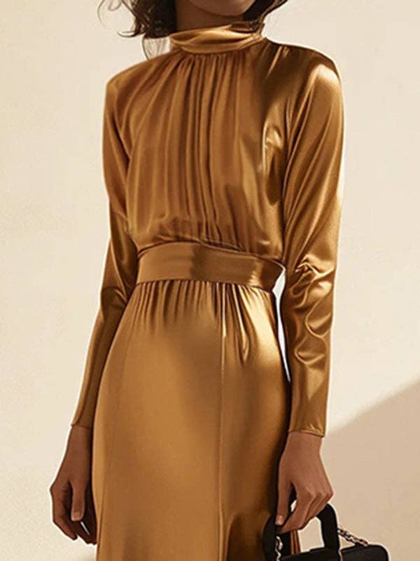 OURO Vestido Comprido de Manga Comprida Plissado Brilhante com Gola Alta para venda a revendedores na Faire6