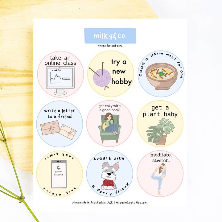 Ting til selvpleje Sticker Sheet for engroshandel hos Milky & Co. Studios