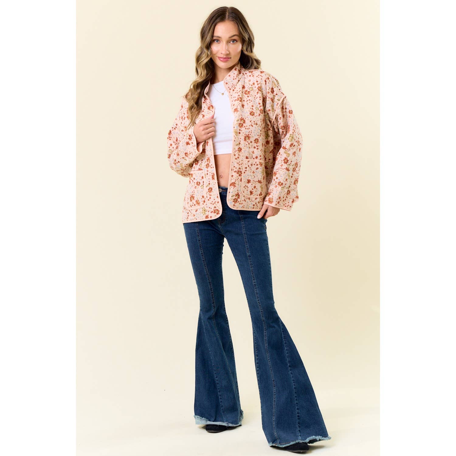 PEACH FLORAL PRINT QUILT JACKET for wholesale on Faire3