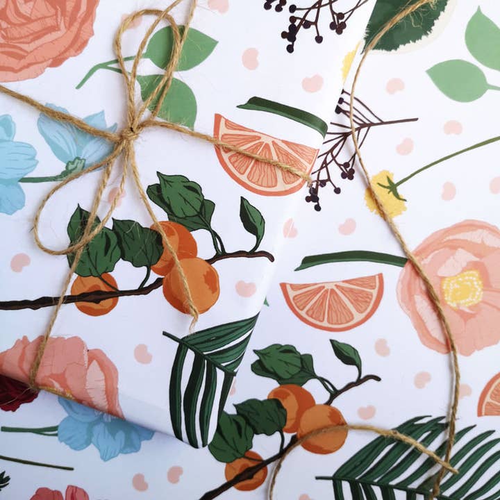 Wildwood Paper - Wholesale Flat wrap - Bramble - White Floral Fruit Pattern Luxury Gift Wrap Sheet3