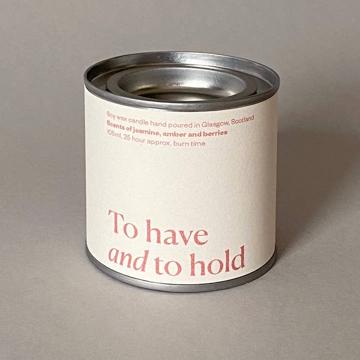 To have and to hold wedding day soy wax candle tin for wholesale by Lovat Press