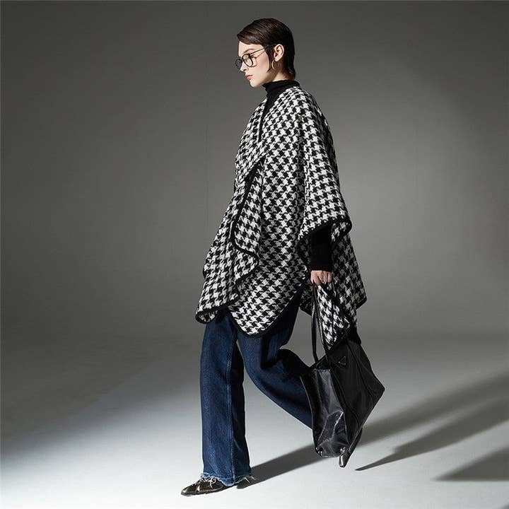 VIT/SVART Trendig spänne guldtråd Houndstooth sjal för wholesale på Faire