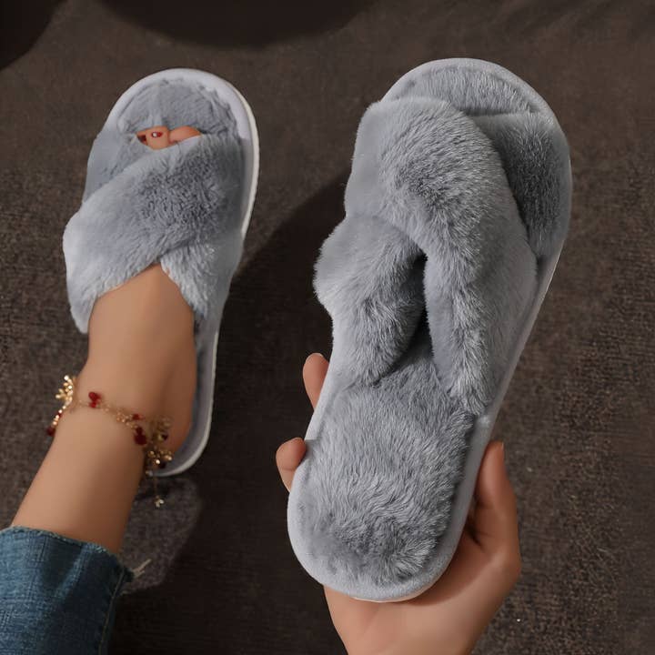 Plush Cross Band Slippers with Soft Faux Fur and Cushioned S for wholesale by AK Brand