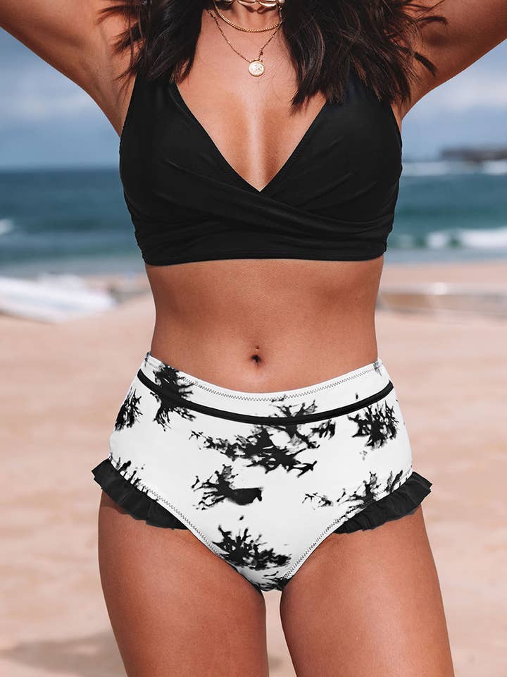 Costume da bagno a vita alta arruffato nero sexy con inchiostro Splash Ink per la vendita all'ingrosso da parte di EG fashion