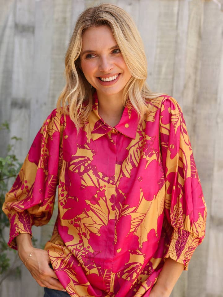 Elegant In Fuchsia Satin Button-Down Smock Long Sleeve Blouse (Open Pack) for wholesale by Promenade