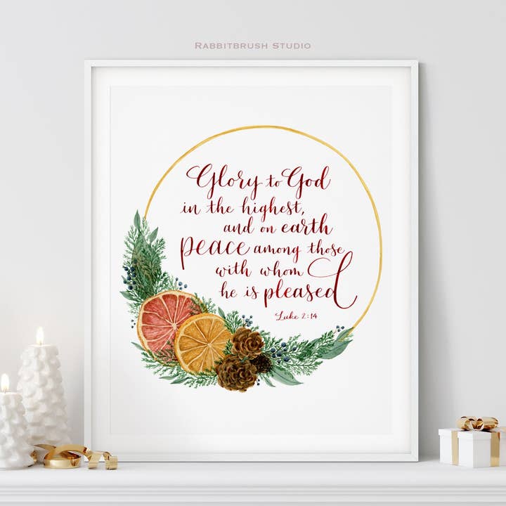Orange Christmas Wreath - Luke 2:14 for wholesale by Rabbitbrush Studio