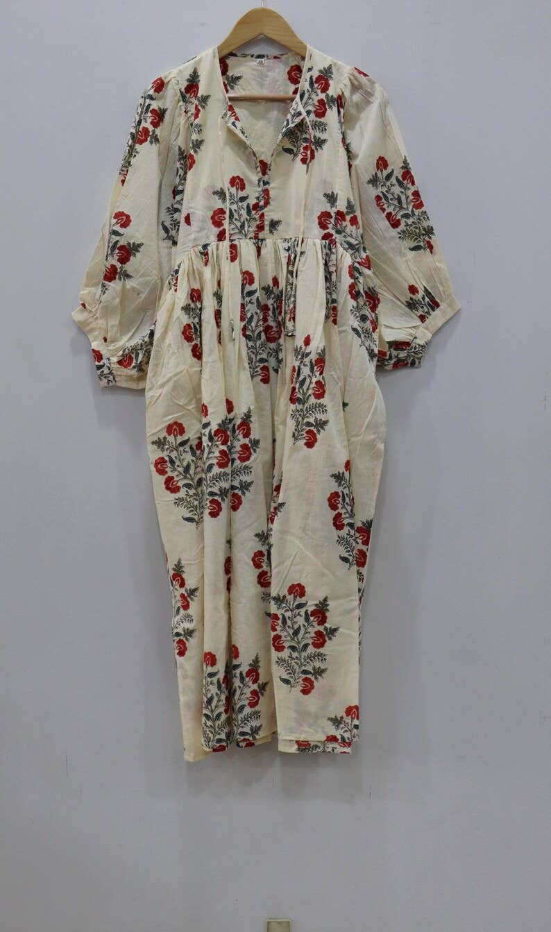 bhavnas boutique - Vendita all'ingrosso Vestito - Donna - Abito midi in cotone con stampa floreale e scollatura profonda2