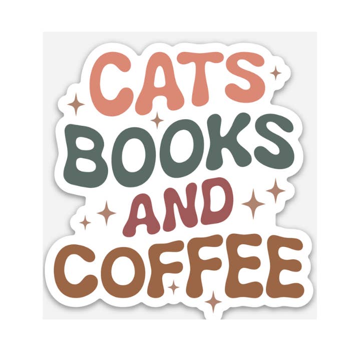 Katter, böcker och kaffe-klistermärke – Den heliga treenigheten av avkoppling för wholesale av Dirt Poor Designs