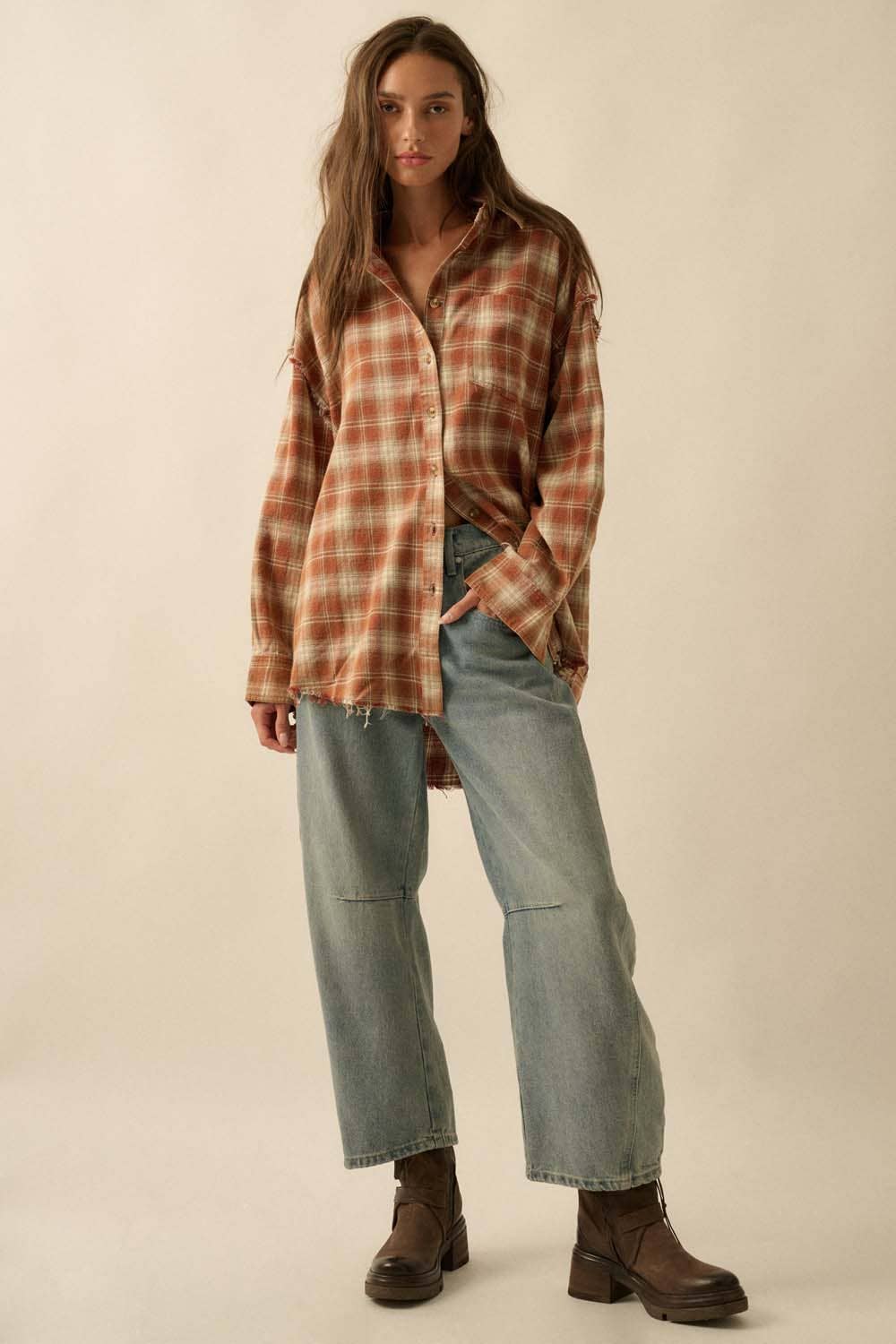 Promesa USA - Wholesale Button Down Shirt - Women's - Plaid Flannel Oversized Raw-Edge Pocket Shirt20