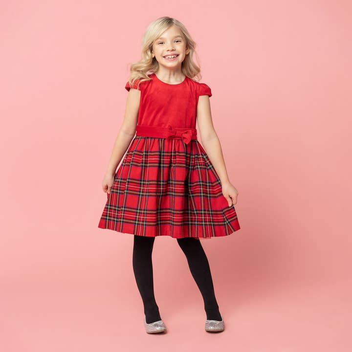 Robe de soirée Diana en velours et tartan pour filles, rouge pour la vente par Holly Hastie London
