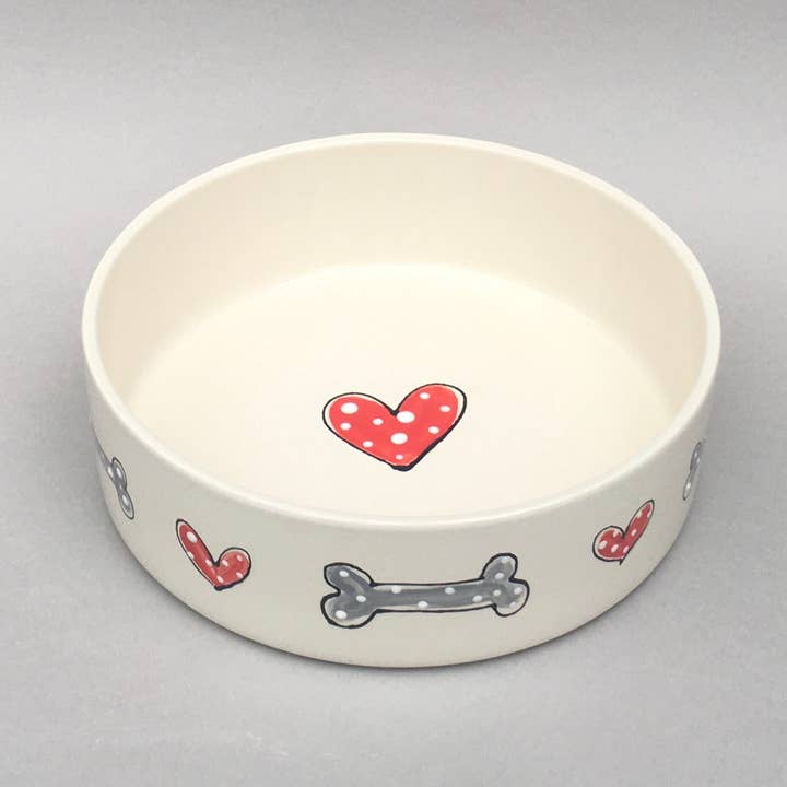 Hand painted Dog Bowl Hearts and Bones Design SMALL for wholesale by Purple Glaze Pottery