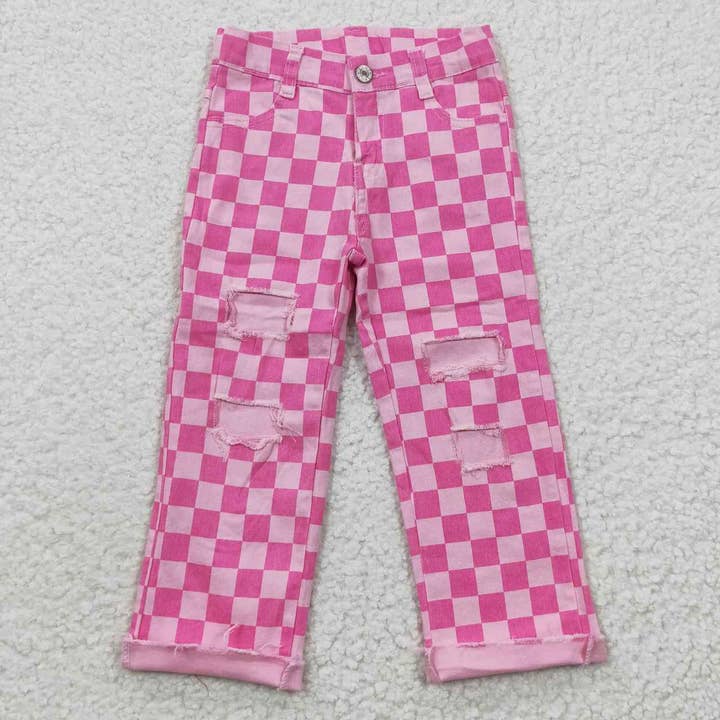 Aier Wholesale - Wholesale Jeans - Kids - Sibling Girls Boys Checkered Denim Adjustble Waistband Jeand Pants