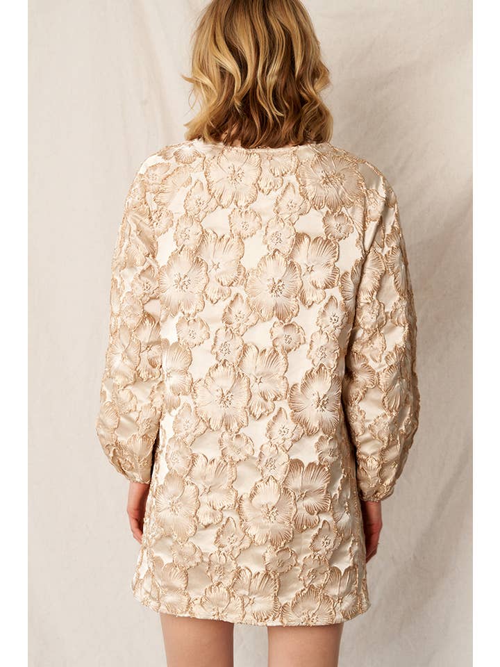 Champagne Gold Bubble Sleeve Floral Jacquard Mini Dress for wholesale on Faire2