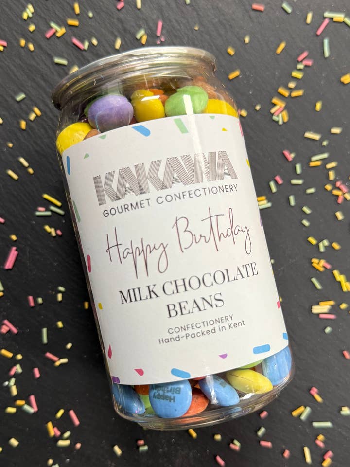 Happy Birthday Milk Chocolate Beans for wholesale by Kakawa Artisan Chocolate & Co Ltd