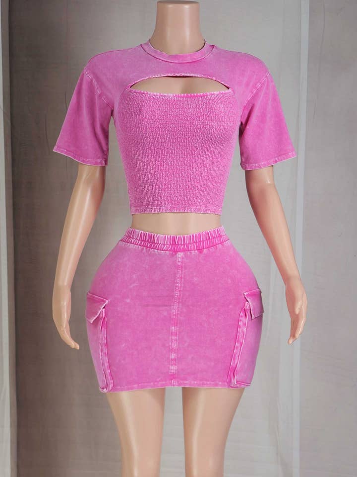 Dalia Studio - Wholesale Top & Skirt Set - Women's - MINERAL WASH CUT-OUT JERSEY TOP & CARGO MINI SET