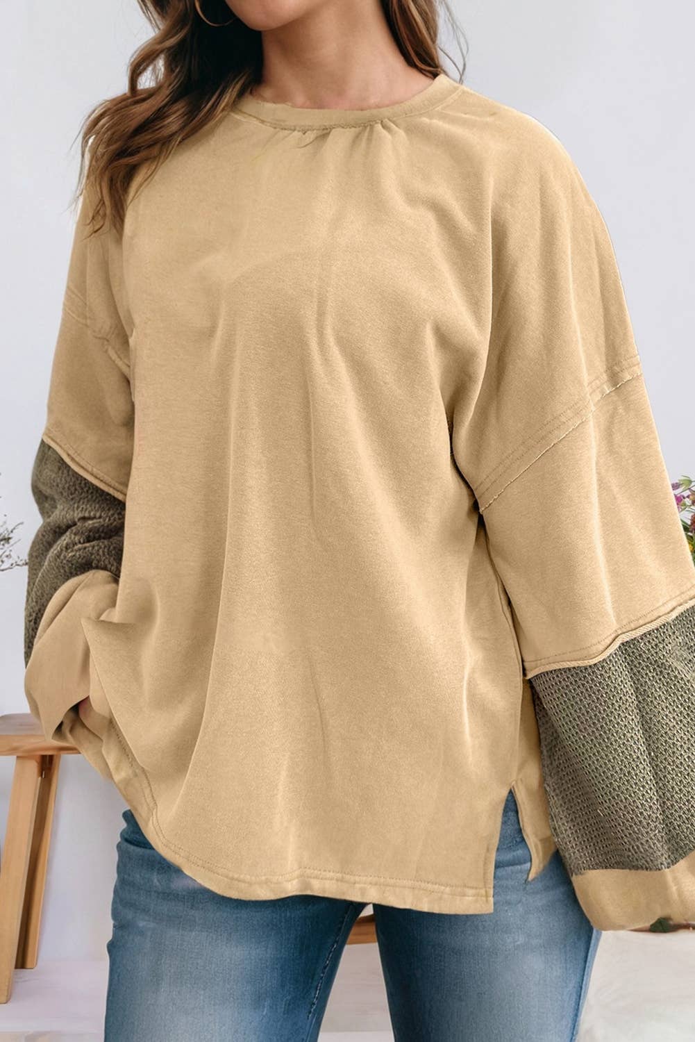 Green Plus Size Exposed Seam Patchwork Drop Shoulder Pullover for wholesale on Faire0