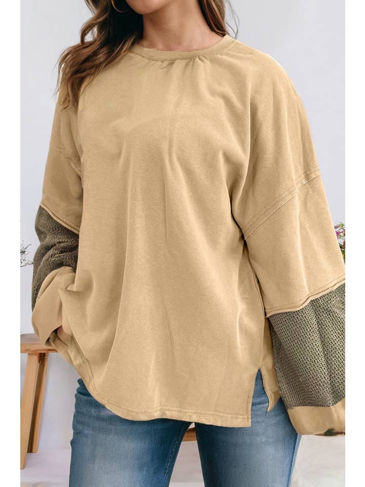 Green Plus Size Exposed Seam Patchwork Drop Shoulder Pullover for wholesale on Faire